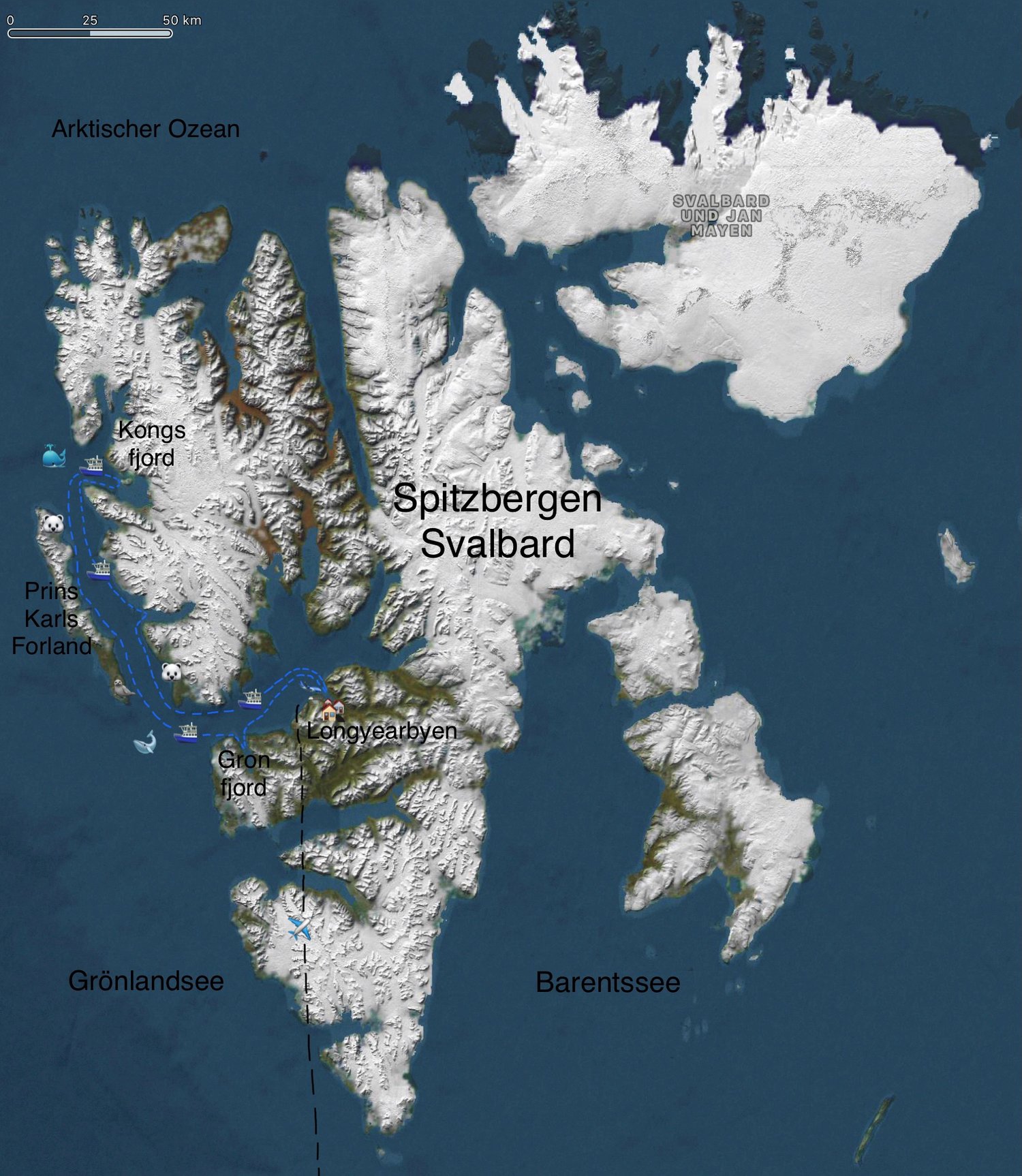 The blue lines are the probable ship routes that can still be changed on site by wind, weather, swell, pack ice and polar bear situation